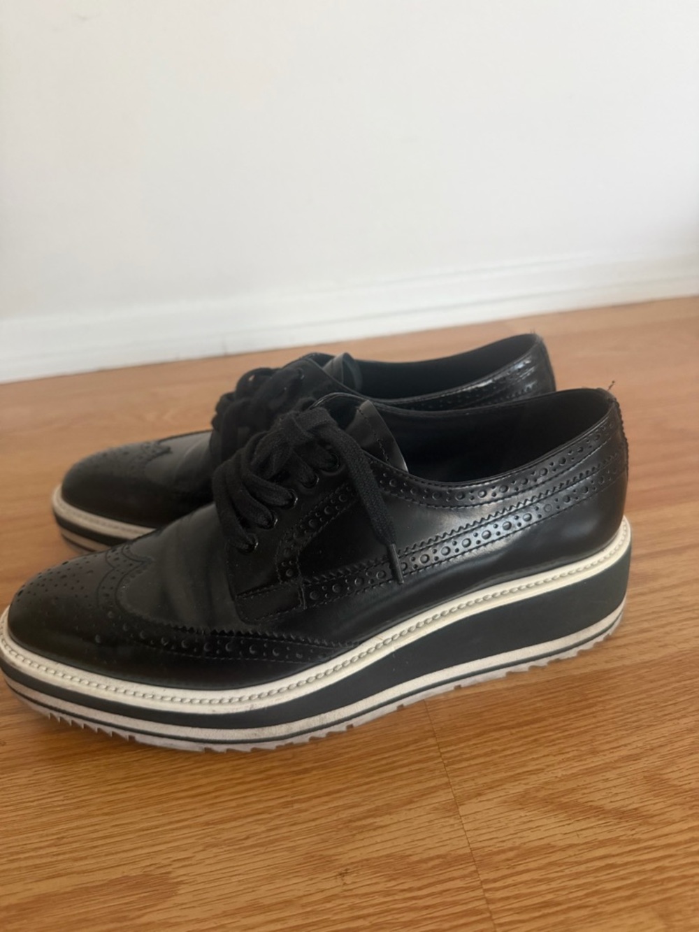 Prada Black Leather Brogue Derby Shoes with White Sole - Picture 2 of 3